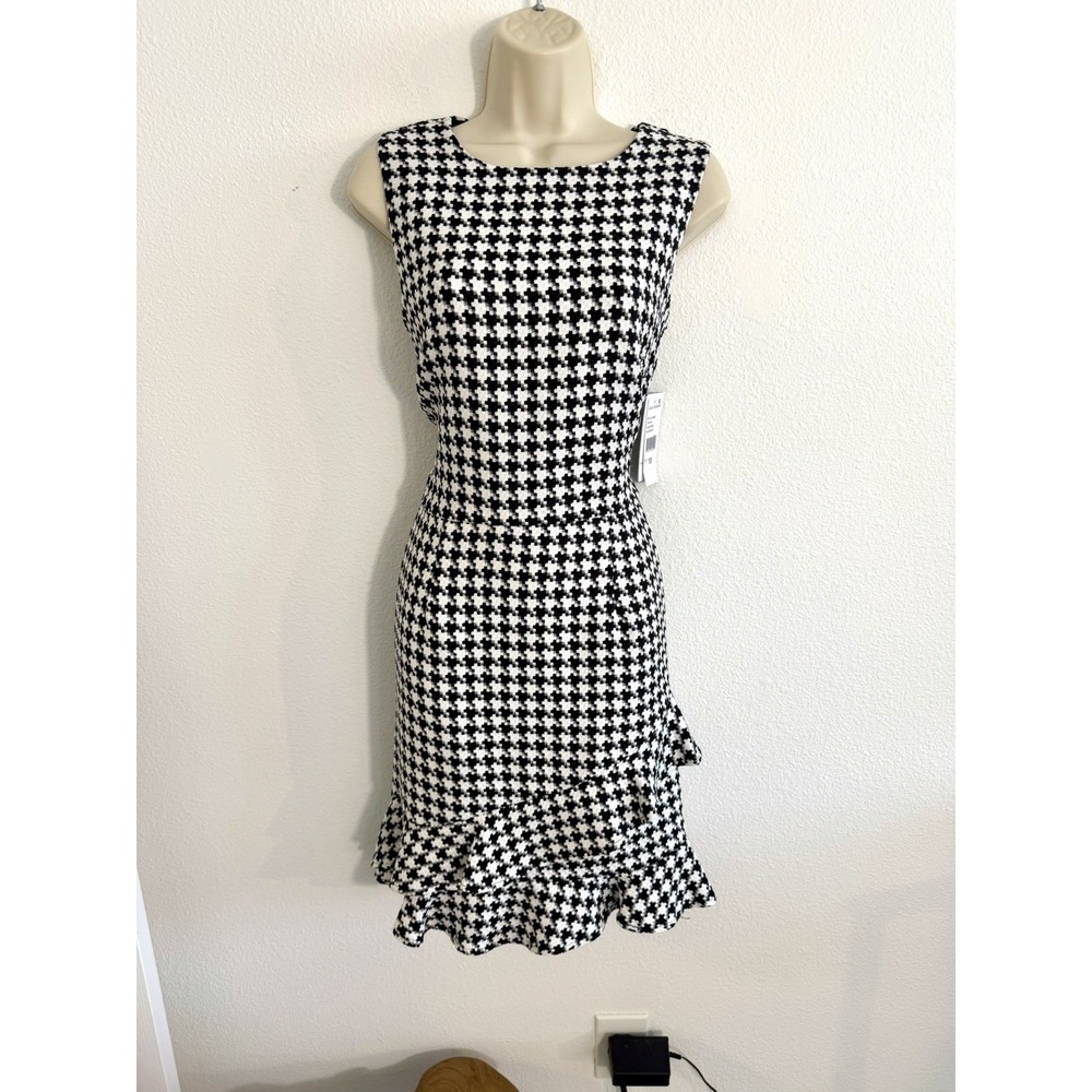 Julia Jordan A-Line Mini Dress NWT Sz 10 Houndstooth Sleeveless High Neck Ruffle - Picture 2 of 9
